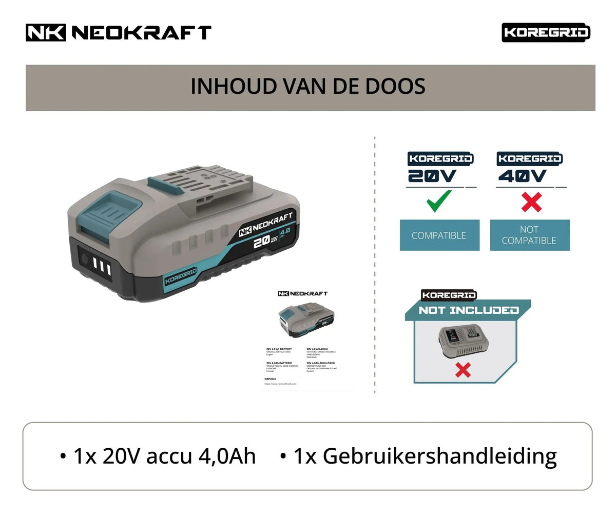 20V Accu KoreGrid - 4,0Ah