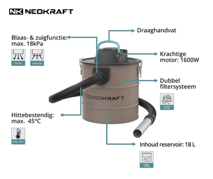 Aspirateur à cendres 1600W 18L - avec 2 filtres